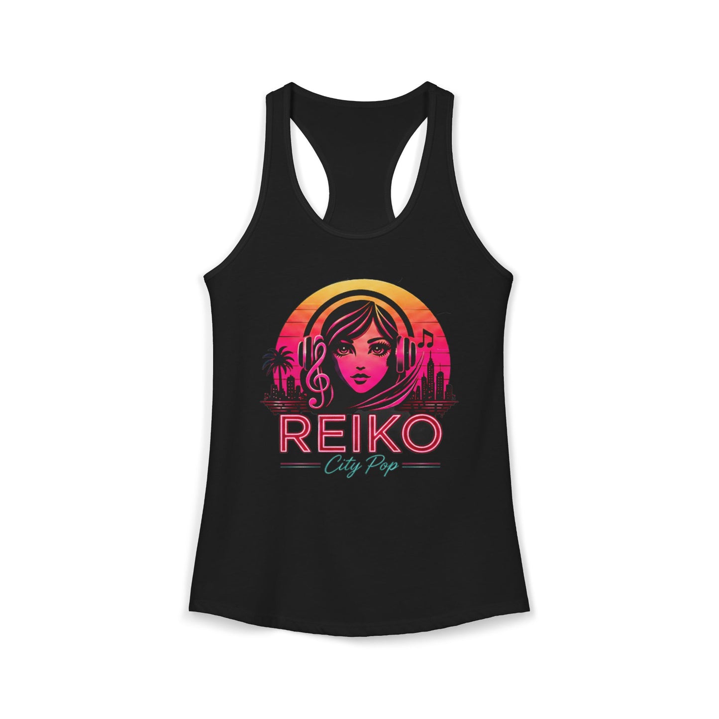 Official Reiko women's solid black racerback tank top with sunset logo graphic, premium festival and concert apparel. 