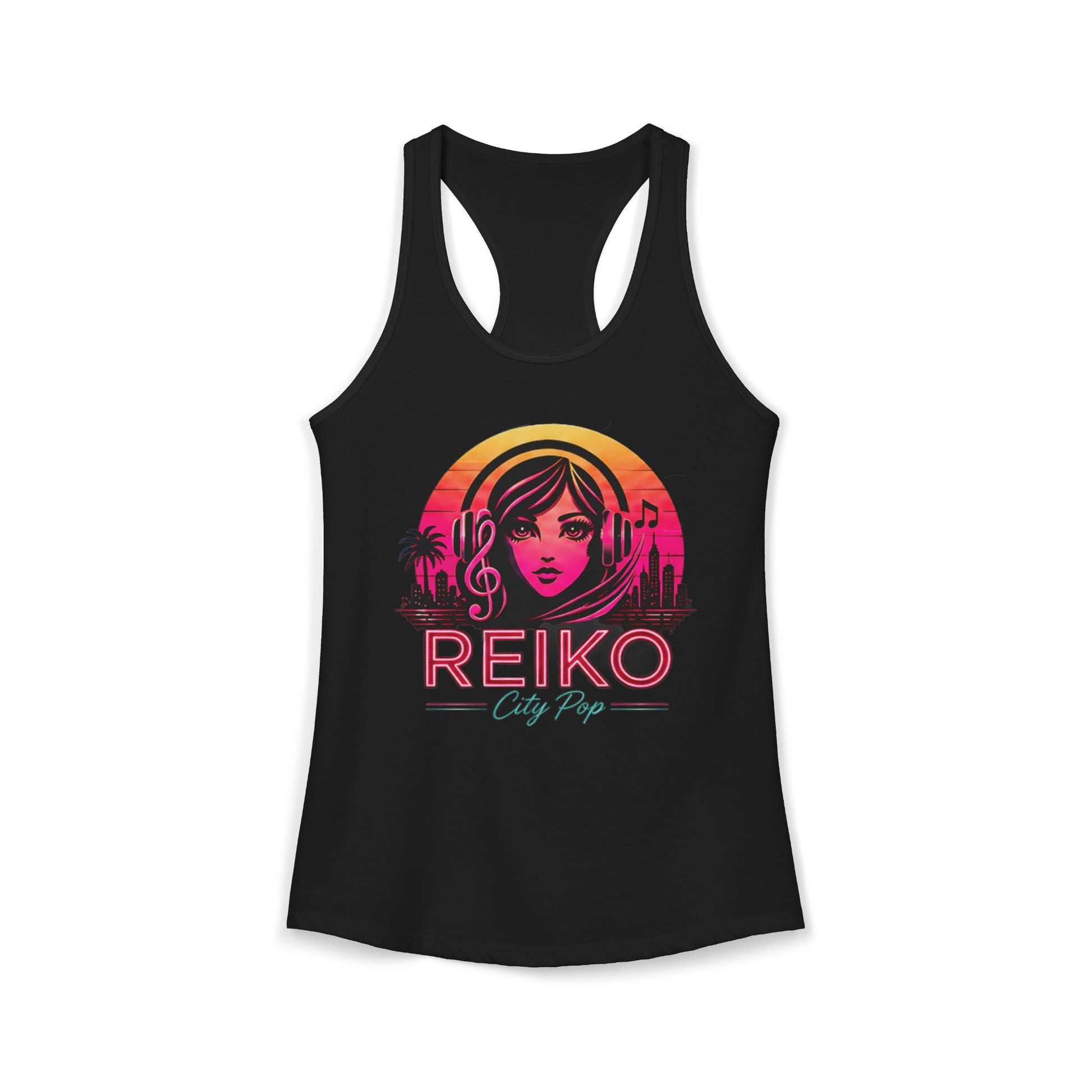 Official Reiko women's solid black racerback tank top with sunset logo graphic, premium festival and concert apparel. 