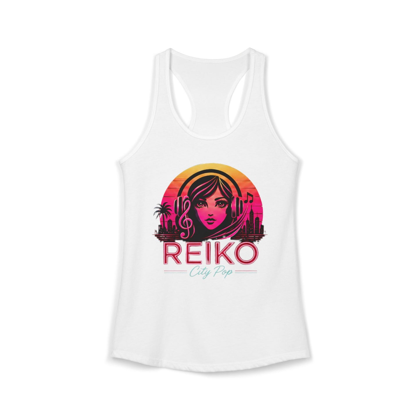 Official Reiko women's solid white racerback tank top with sunset logo graphic, premium festival and concert apparel. 