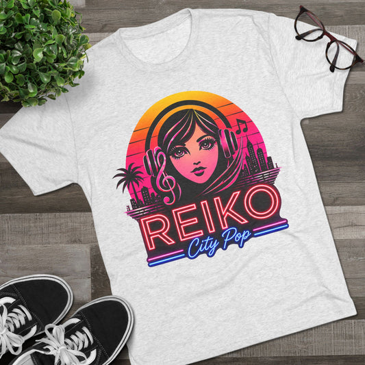 Straight front view of the Reiko Takahashi City Pop Sunset Logo Tee in Heather White, printed on a premium Next Level try-blend T-shirt featuring retro neon artwork inspired by the song "Sunset Road."