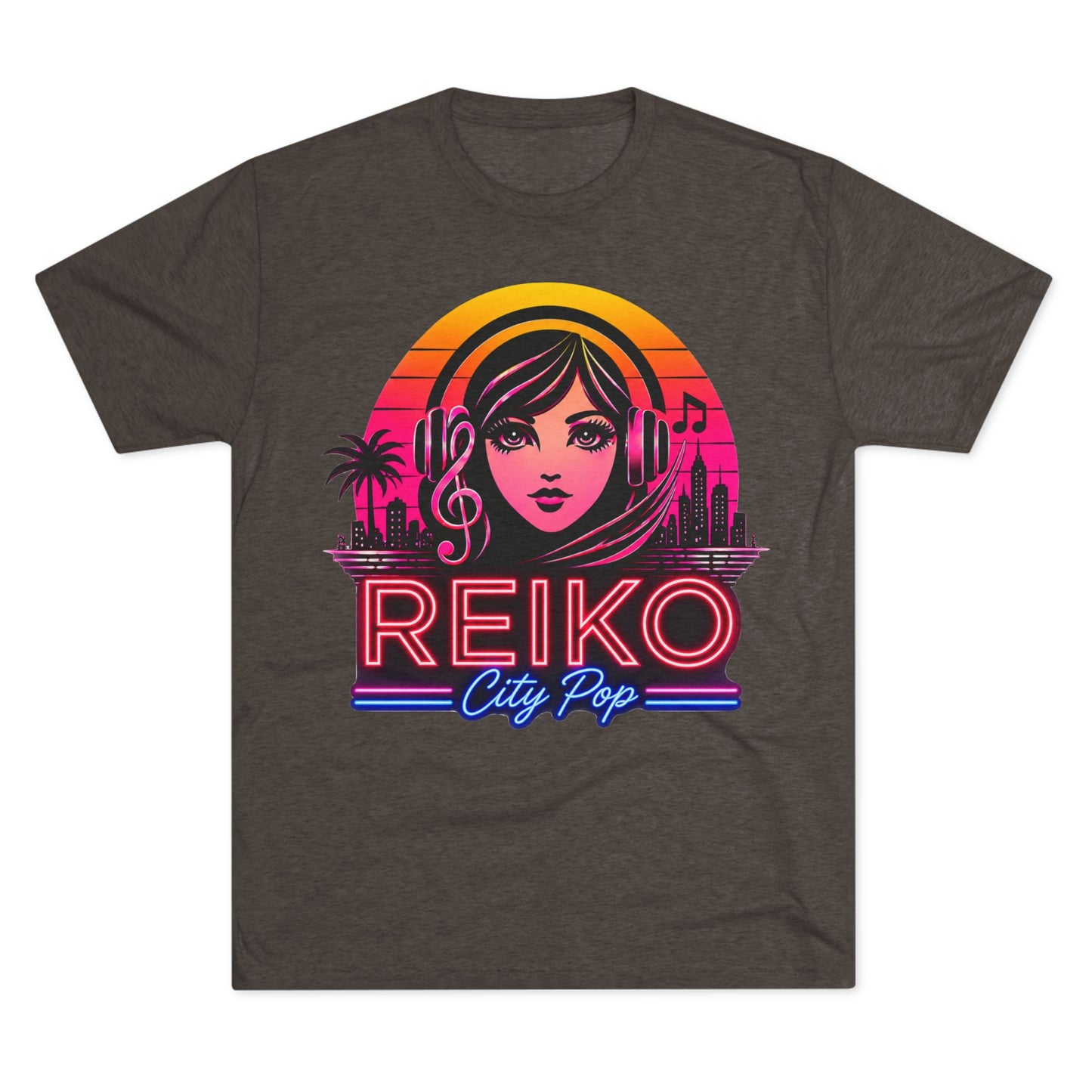 Straight front view of the Reiko Takahashi City Pop Sunset Logo Tee in Macchiato, printed on a premium Next Level try-blend T-shirt featuring retro neon artwork inspired by the song "Sunset Road."