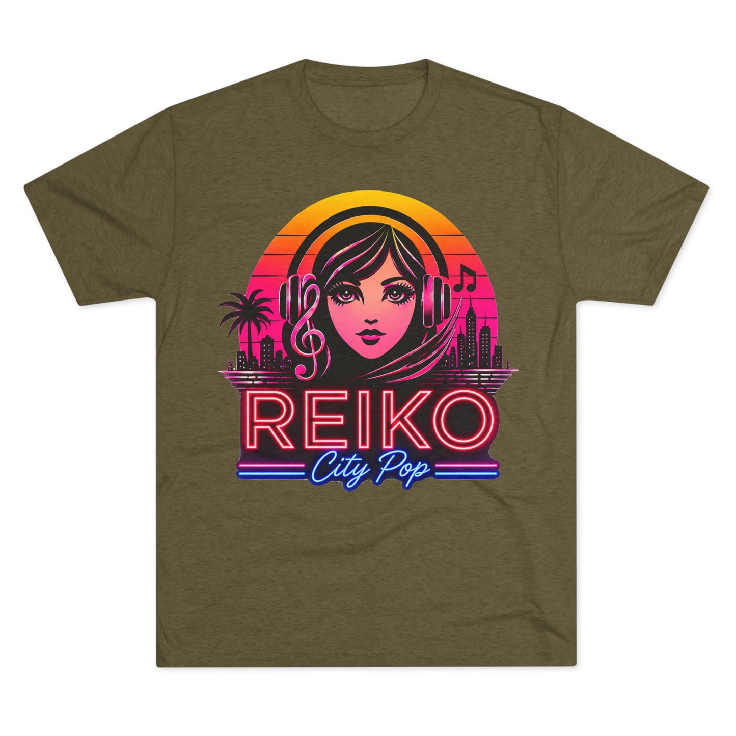 Straight front view of the Reiko Takahashi City Pop Sunset Logo Tee in Military Green , printed on a premium Next Level try-blend T-shirt featuring retro neon artwork inspired by the song "Sunset Road"