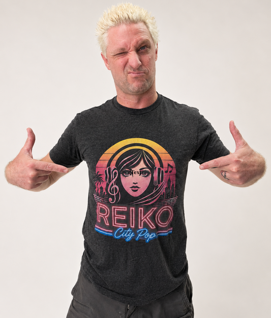 Bass player wearing an official Reiko Takahashi vintage black T-shirt, with a city pop graphic logo, and pointing at shirt.