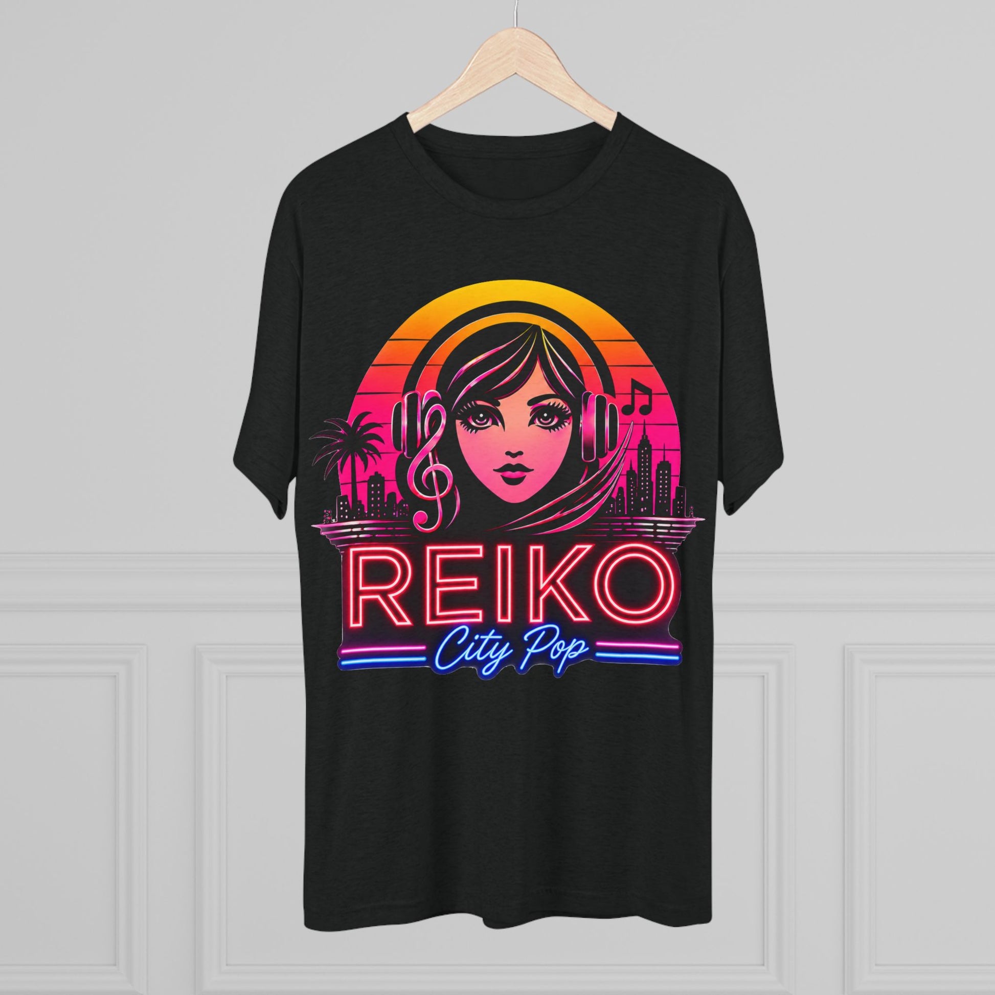 Front view of the Reiko Takahashi City Pop Sunset Logo Tee in Vintage Black, printed on a premium Next Level tri-blend T-shirt and displayed on a wooden hanger. Features retro neon artwork inspired by the song "Sunset Road."