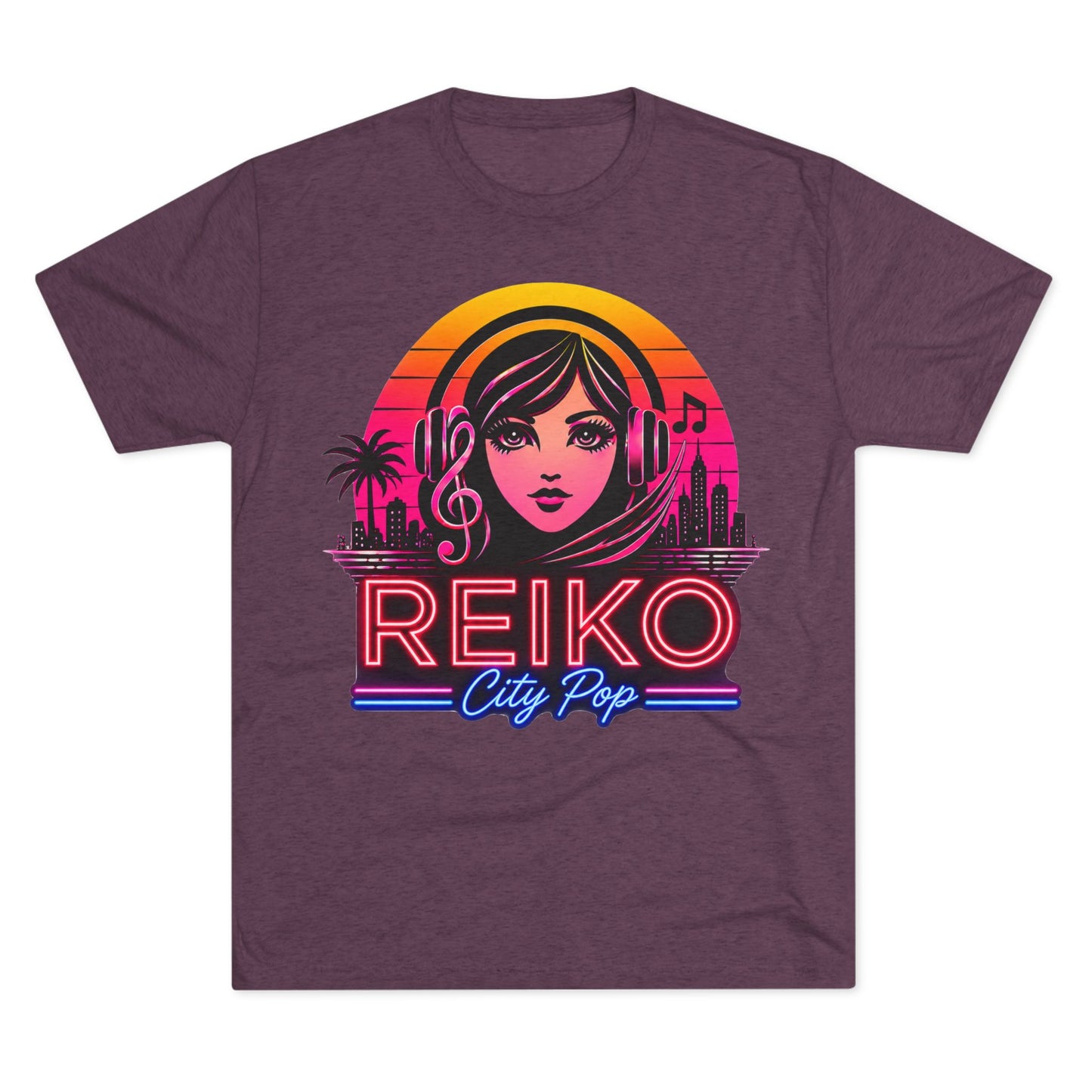 Straight front view of the Reiko Takahashi City Pop Sunset Logo Tee in Vintage Purple, printed on a premium Next Level try-blend T-shirt featuring retro neon artwork inspired by the song "Sunset Road."